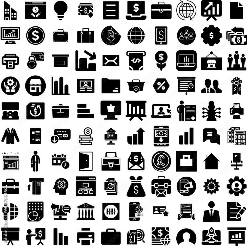 Collection Of 100 Business Icons Set Isolated Solid Silhouette Icons Including Success, Teamwork, Office, Technology, Business, Communication, Corporate Infographic Elements Vector Illustration Logo