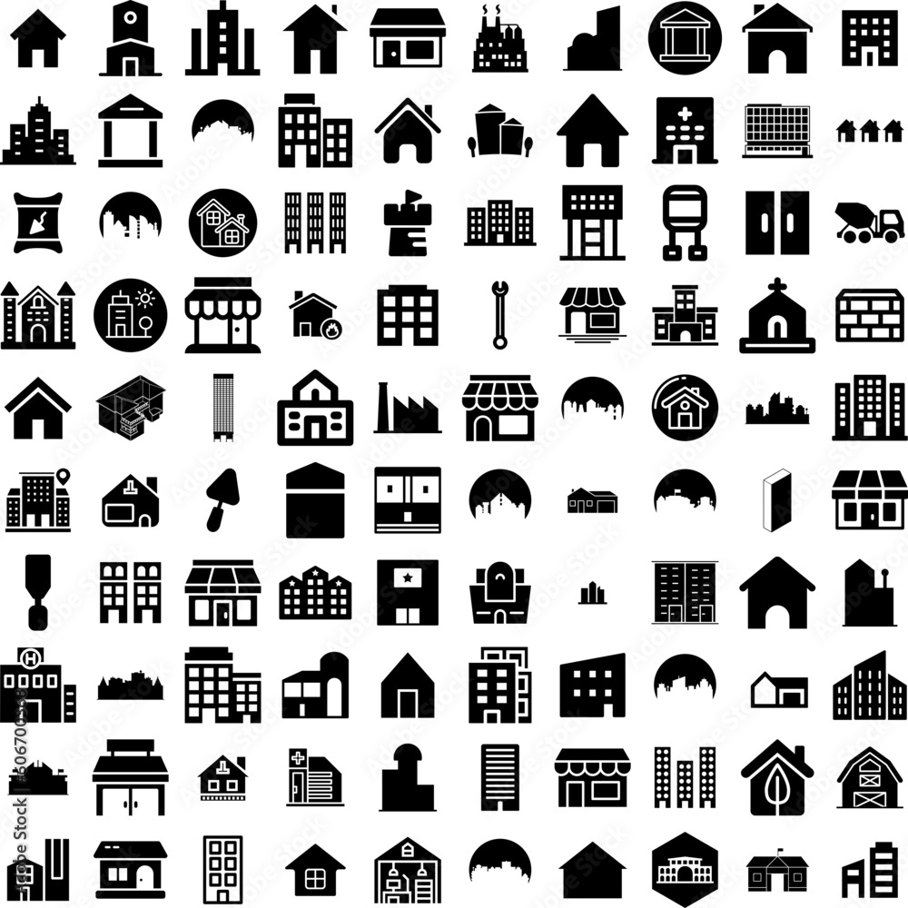Collection Of 100 Building Icons Set Isolated Solid Silhouette Icons Including Architecture, Business, Construction, Urban, Office, Building, City Infographic Elements Vector Illustration Logo