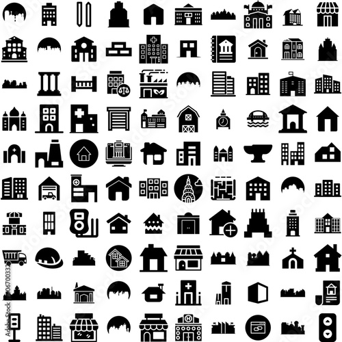 Collection Of 100 Building Icons Set Isolated Solid Silhouette Icons Including Architecture, Business, Urban, City, Construction, Office, Building Infographic Elements Vector Illustration Logo