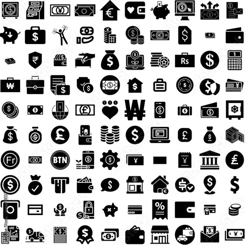 Collection Of 100 Money Icons Set Isolated Solid Silhouette Icons Including Dollar, Money, Payment, Business, Cash, Currency, Finance Infographic Elements Vector Illustration Logo
