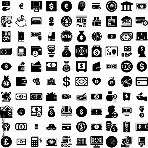 Collection Of 100 Money Icons Set Isolated Solid Silhouette Icons Including Dollar, Currency, Cash, Money, Finance, Business, Payment Infographic Elements Vector Illustration Logo