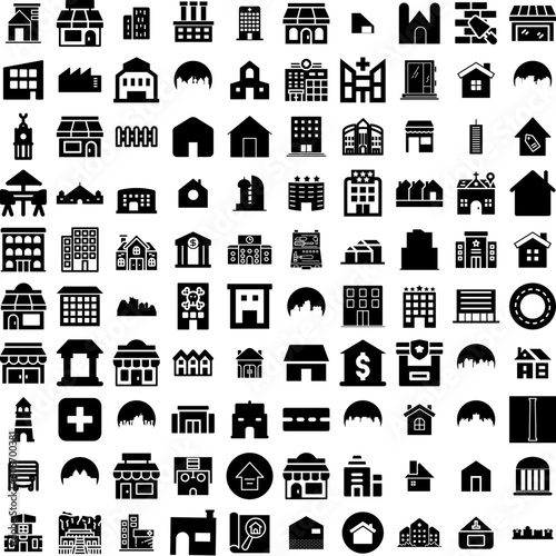 Collection Of 100 Building Icons Set Isolated Solid Silhouette Icons Including City, Building, Architecture, Urban, Construction, Office, Business Infographic Elements Vector Illustration Logo