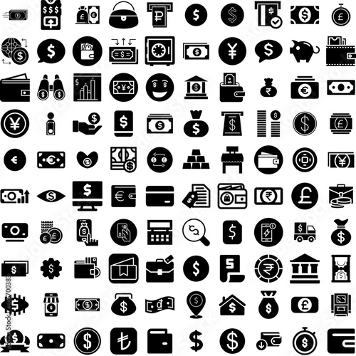Collection Of 100 Money Icons Set Isolated Solid Silhouette Icons Including Payment, Cash, Money, Dollar, Finance, Currency, Business Infographic Elements Vector Illustration Logo