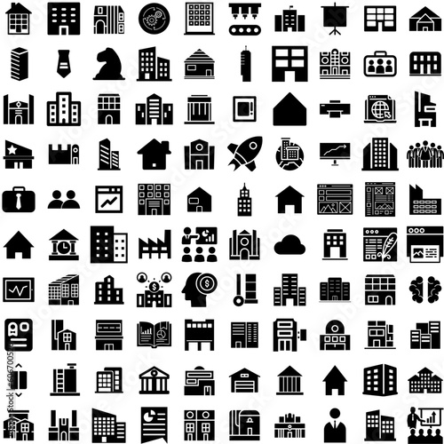 Collection Of 100 Company Icons Set Isolated Solid Silhouette Icons Including Corporate, Office, Company, Meeting, Technology, Business, Teamwork Infographic Elements Vector Illustration Logo