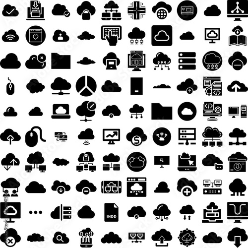 Collection Of 100 Computing Icons Set Isolated Solid Silhouette Icons Including Computer, Modern, Business, Technology, Screen, Laptop, Display Infographic Elements Vector Illustration Logo