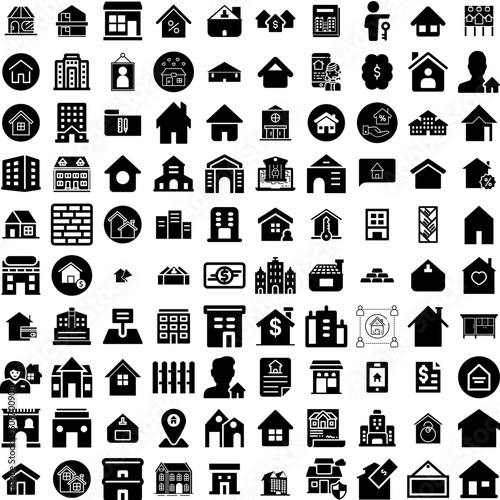Collection Of 100 Property Icons Set Isolated Solid Silhouette Icons Including Mortgage, Property, Estate, Home, Business, Concept, House Infographic Elements Vector Illustration Logo