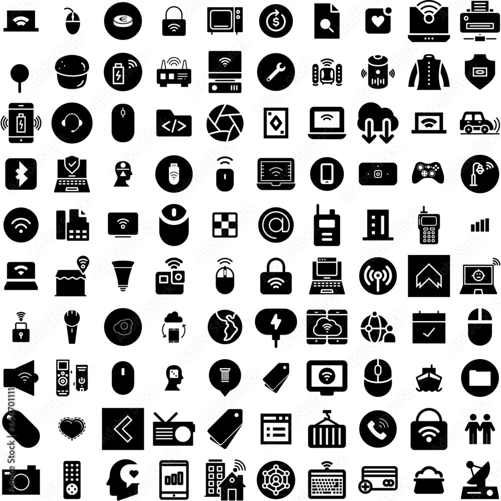Collection Of 100 Wireless Icons Set Isolated Solid Silhouette Icons Including Technology, Mobile, Network, Wireless, Connection, Communication, Digital Infographic Elements Vector Illustration Logo