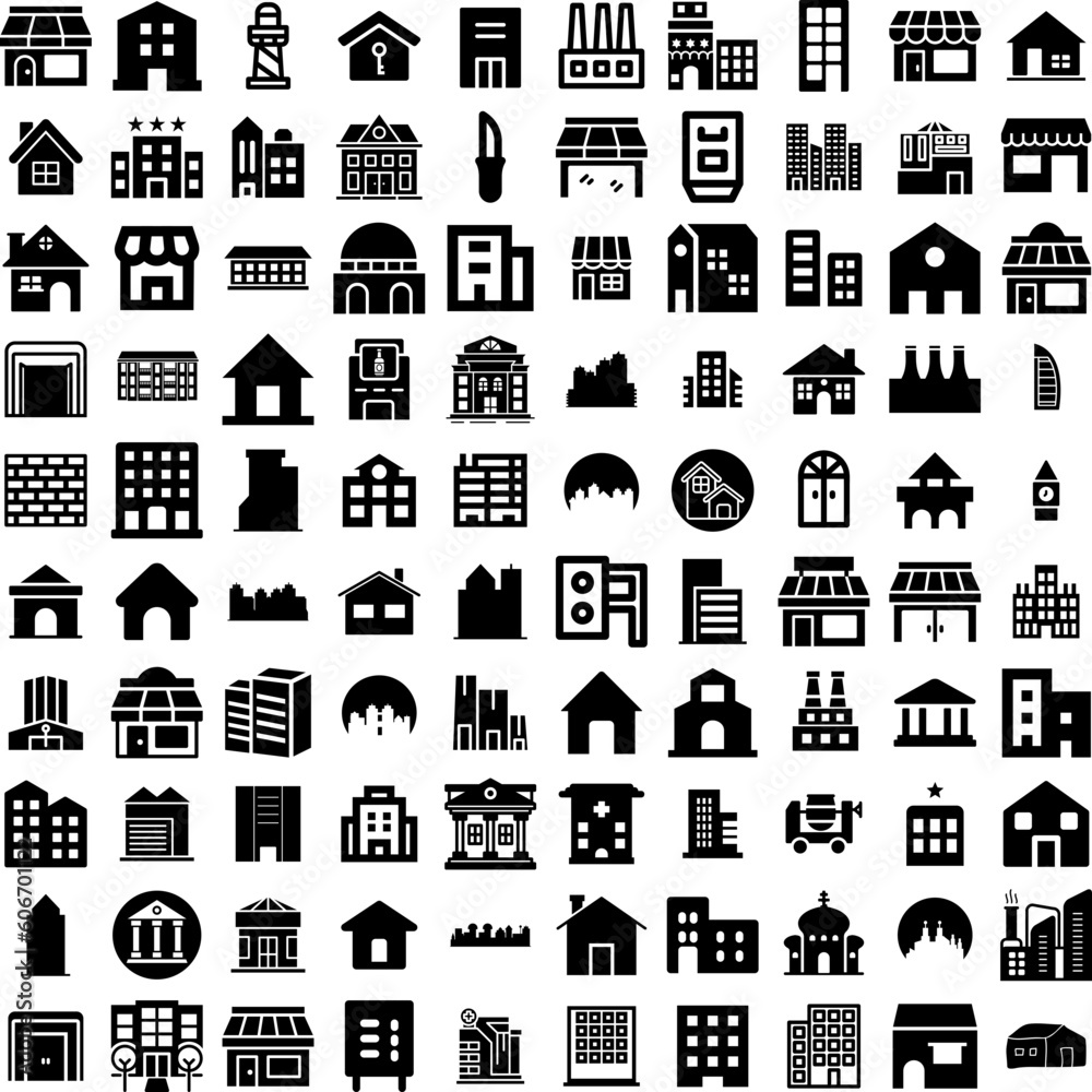 Collection Of 100 Building Icons Set Isolated Solid Silhouette Icons Including Building, Business, Construction, City, Urban, Architecture, Office Infographic Elements Vector Illustration Logo