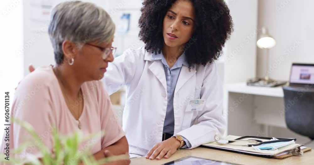 Senior woman, doctor support and medical consultation in a hospital office with communication and results. Elderly patient, health worker and advice for cancer news in a clinic with a tablet report Senior woman, doctor support and medical consultation in a hospital office with communication and results. Elderly patient, health worker and advice for cancer news in a clinic with a tablet report