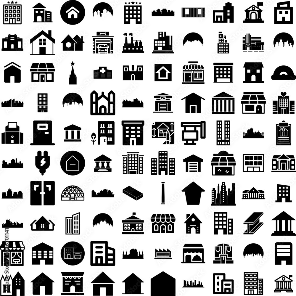 Collection Of 100 Building Icons Set Isolated Solid Silhouette Icons Including Construction, Business, Office, Building, Architecture, City, Urban Infographic Elements Vector Illustration Logo