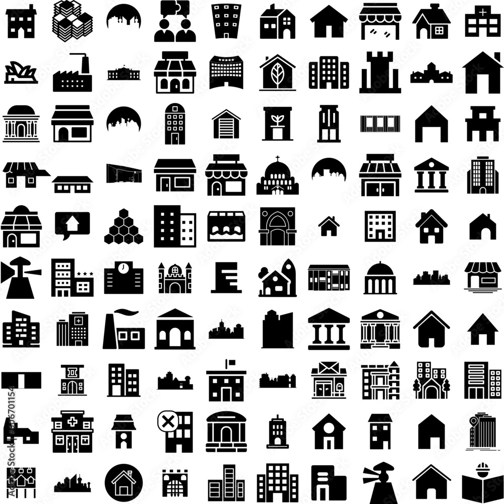 Collection Of 100 Building Icons Set Isolated Solid Silhouette Icons Including Urban, Architecture, Construction, Office, City, Building, Business Infographic Elements Vector Illustration Logo