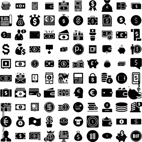 Collection Of 100 Money Icons Set Isolated Solid Silhouette Icons Including Money, Currency, Business, Payment, Finance, Cash, Dollar Infographic Elements Vector Illustration Logo