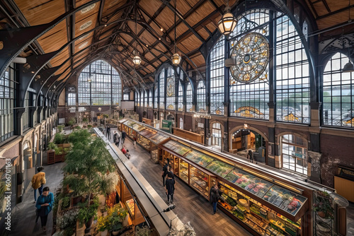 the inside of a building with lots of windows and people walking around it in an indoor shopping area is visible on the right side. Generative Ai