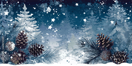 Christmas Background with Snow, Stars, Pine Cones, and Fir Tree: Festive Illustrator Vector for Banners and Advertisements