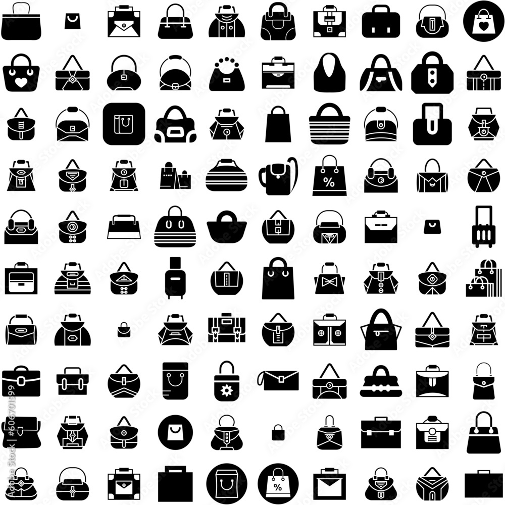 Collection Of 100 Handbag Icons Set Isolated Solid Silhouette Icons Including Leather, Fashion, Stylish, Purse, Bag, Handbag, Luxury Infographic Elements Vector Illustration Logo