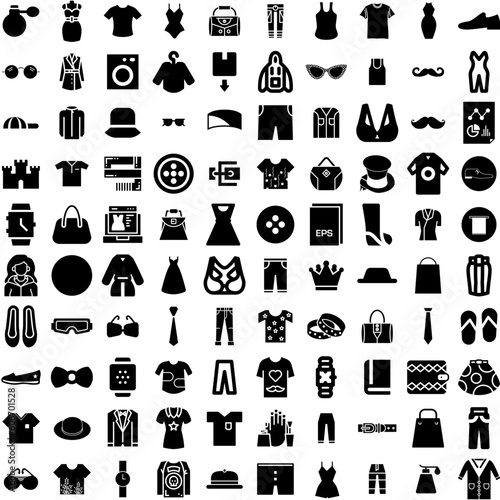 Collection Of 100 Fashion Icons Set Isolated Solid Silhouette Icons Including Fashion, Woman, Trendy, Model, Fashionable, Style, Beautiful Infographic Elements Vector Illustration Logo photo