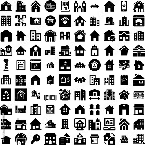Collection Of 100 Estate Icons Set Isolated Solid Silhouette Icons Including Investment, House, Business, Home, Property, Real, Estate Infographic Elements Vector Illustration Logo