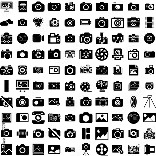 Collection Of 100 Photography Icons Set Isolated Solid Silhouette Icons Including Technology, Lens, Photographer, Equipment, Photography, Photo, Camera Infographic Elements Vector Illustration Logo
