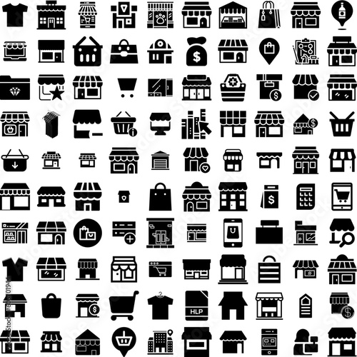 Collection Of 100 Store Icons Set Isolated Solid Silhouette Icons Including Supermarket, Retail, Sale, Shop, Market, Business, Store Infographic Elements Vector Illustration Logo