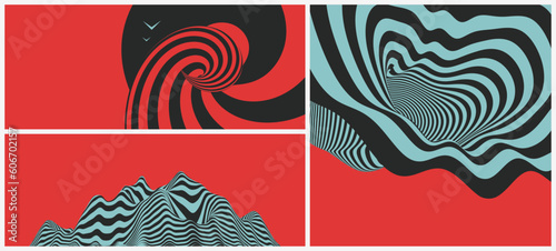 Background with optical illusion. Psychedelic stripes. Landscape background. Terrain. Tunnel. 3d vector illustration for brochure, magazine, poster, presentation, flyer or banner.