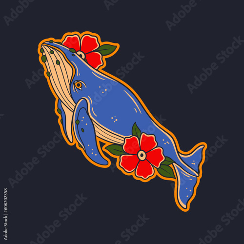 Hand drawn illustration of a traditional tattoo whale