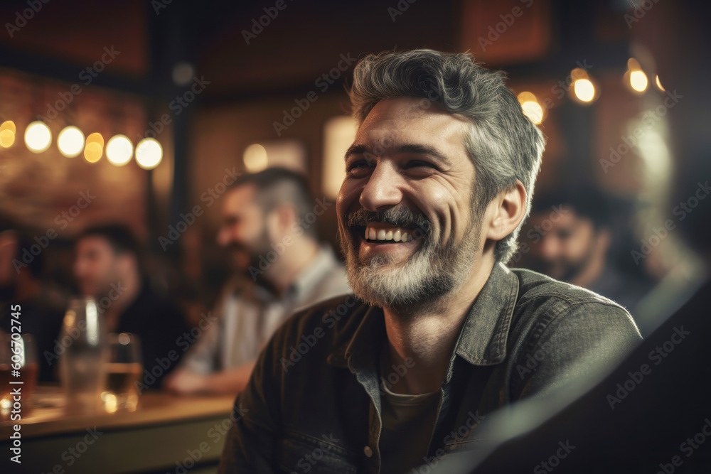 A forty-year-old man laughs at a stand-up performance while sitting in a pub. Photorealistic illustration generative AI. A forty-year-old man laughs at a stand-up performance while sitting in a pub. Photorealistic illustration generative AI.