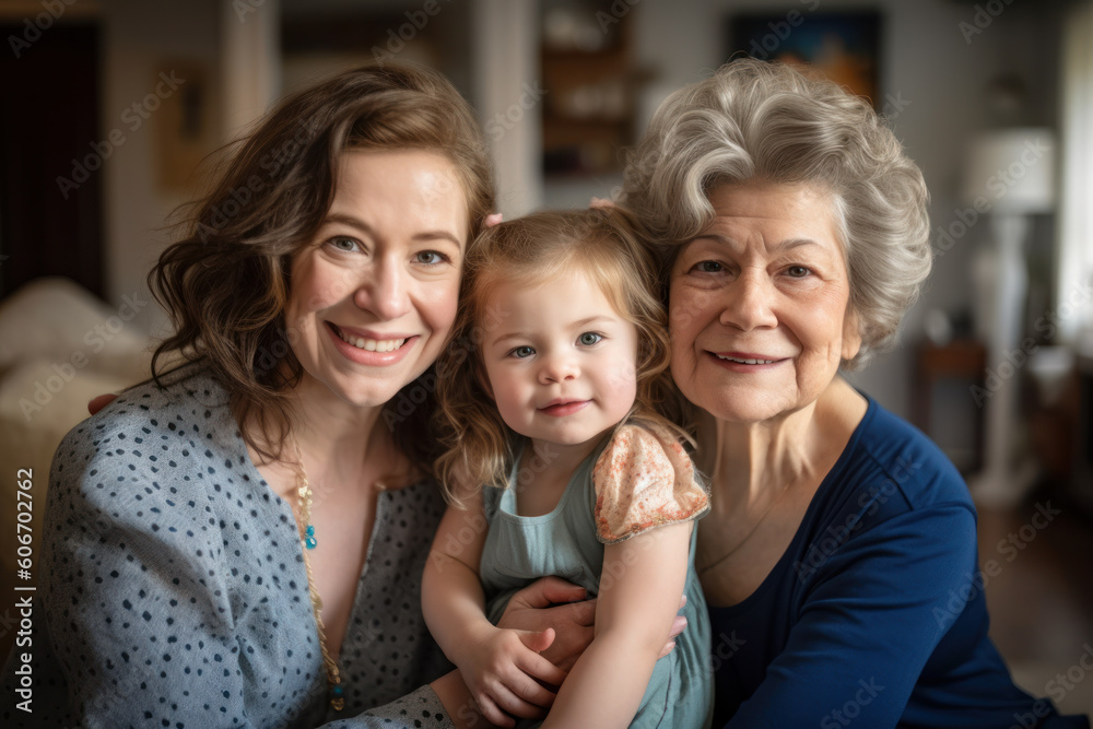 Grandmother, mother and daughter are hugging and smiling while looking at the camera. Mothers Day. Photorealistic illustration generative AI.