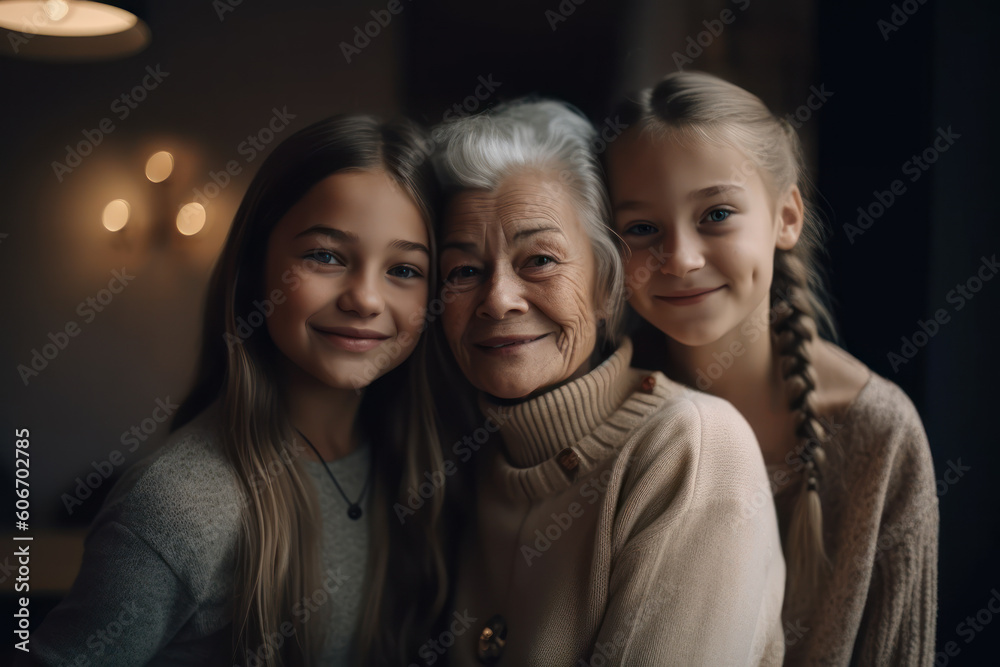 Grandmother and granddaughters are hugging and smiling while looking at the camera. Mothers Day. Photorealistic illustration generative AI.