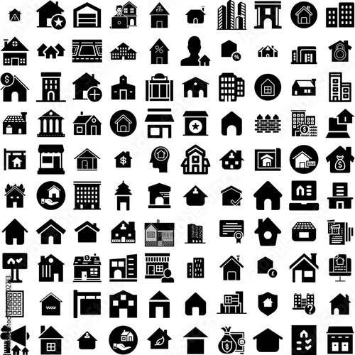 Collection Of 100 Property Icons Set Isolated Solid Silhouette Icons Including Home, Mortgage, Estate, Concept, House, Property, Business Infographic Elements Vector Illustration Logo