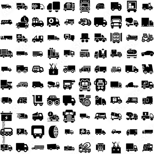 Collection Of 100 Truck Icons Set Isolated Solid Silhouette Icons Including Truck, Transport, Freight, Delivery, Transportation, Shipping, Trucking Infographic Elements Vector Illustration Logo