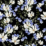 Watercolor seamless pattern with .wild flowers, chamomile, forget me not and green leaves.