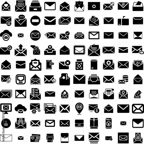 Collection Of 100 Envelope Icons Set Isolated Solid Silhouette Icons Including Blank, Isolated, Paper, Envelope, Letter, Vector, Message Infographic Elements Vector Illustration Logo