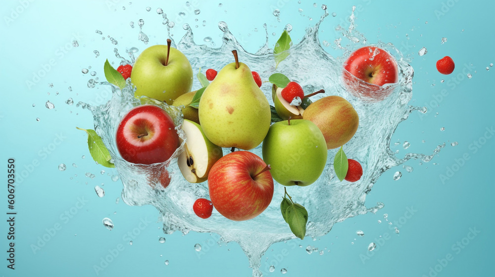 Fresh apples and pears fruits with water splash on blue background. Healthy food concept. Health nutrition concept. Water splashes with green and red fruits. 3d illustration. AI generated image. Fresh apples and pears fruits with water splash on blue background. Healthy food concept. Health nutrition concept. Water splashes with green and red fruits. 3d illustration. AI generated image.