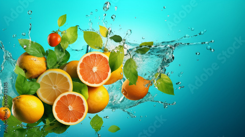  Fresh citrus fruits with water splash on blue background. Healthy food concept. Water splash with citrus fruits on blue background. 3d illustration. AI generated image.