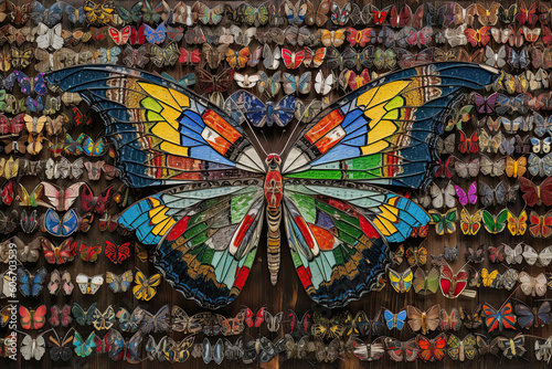 a butterfly made out of many different colored paper butterflies on a wooden wall in the background is wood planks. Generative Ai