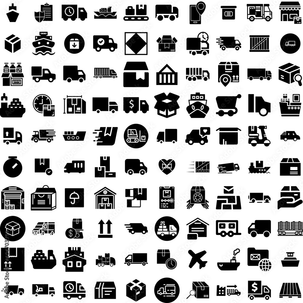 Collection Of 100 Shipping Icons Set Isolated Solid Silhouette Icons Including Cargo, Shipping, Export, Transportation, Container, Transport, Ship Infographic Elements Vector Illustration Logo