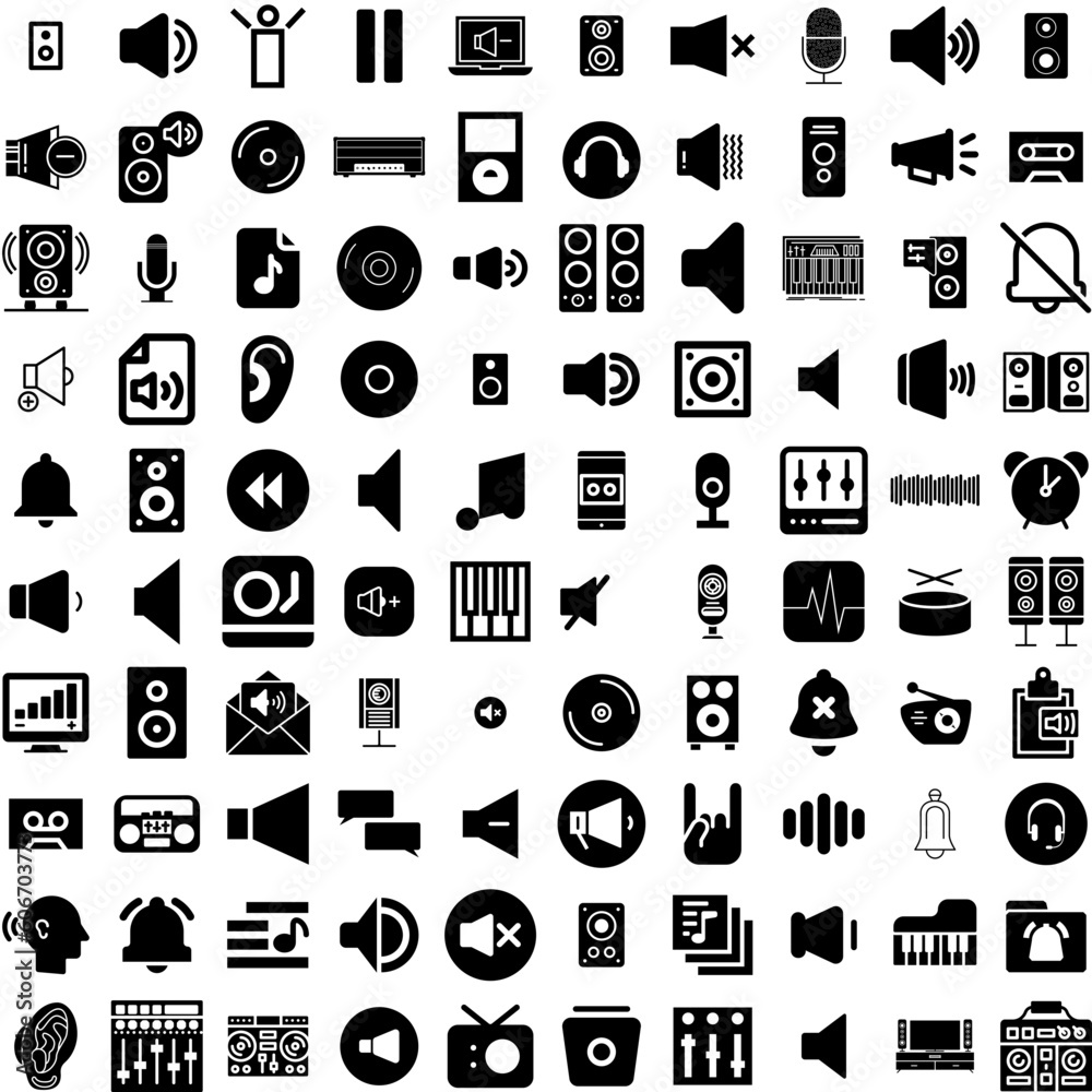 Collection Of 100 Sound Icons Set Isolated Solid Silhouette Icons Including Abstract, Sound, Music, Audio, Vector, Digital, Voice Infographic Elements Vector Illustration Logo