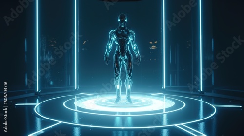 Artificial intelligence robotic hologram lab blue light room future smart technology things of internet