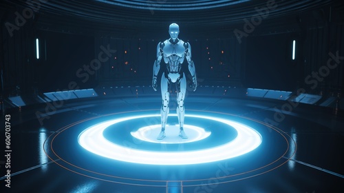 Artificial intelligence robotic hologram lab blue light room future smart technology things of internet