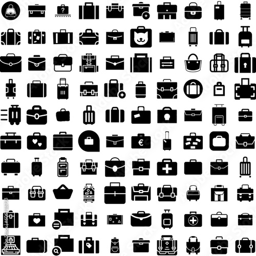 Collection Of 100 Suitcase Icons Set Isolated Solid Silhouette Icons Including Travel, Baggage, Tourism, Suitcase, Luggage, Journey, Vacation Infographic Elements Vector Illustration Logo