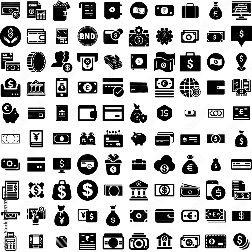 Collection Of 100 Money Icons Set Isolated Solid Silhouette Icons Including Payment, Dollar, Money, Business, Cash, Currency, Finance Infographic Elements Vector Illustration Logo