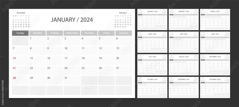 Calendar 2024 week start Sunday corporate design template vector. Calendar 2024 week start Sunday corporate design template vector.