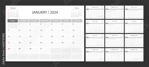 Calendar 2024 week start Sunday corporate design template vector.