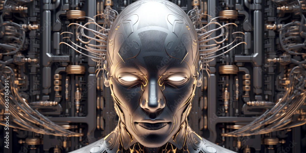 Kopf eines männlichen Cyborgs, Datenkontrolle durch künstliche Intelligenz, Generative AI Kopf eines männlichen Cyborgs, Datenkontrolle durch künstliche Intelligenz, Generative AI