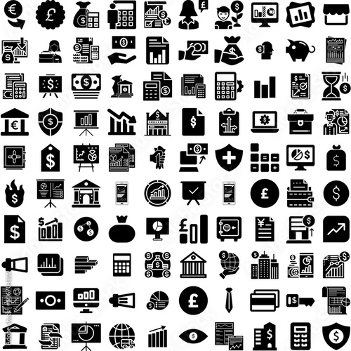 Collection Of 100 Financial Icons Set Isolated Solid Silhouette Icons Including Graph, Analysis, Finance, Growth, Investment, Business, Financial Infographic Elements Vector Illustration Logo