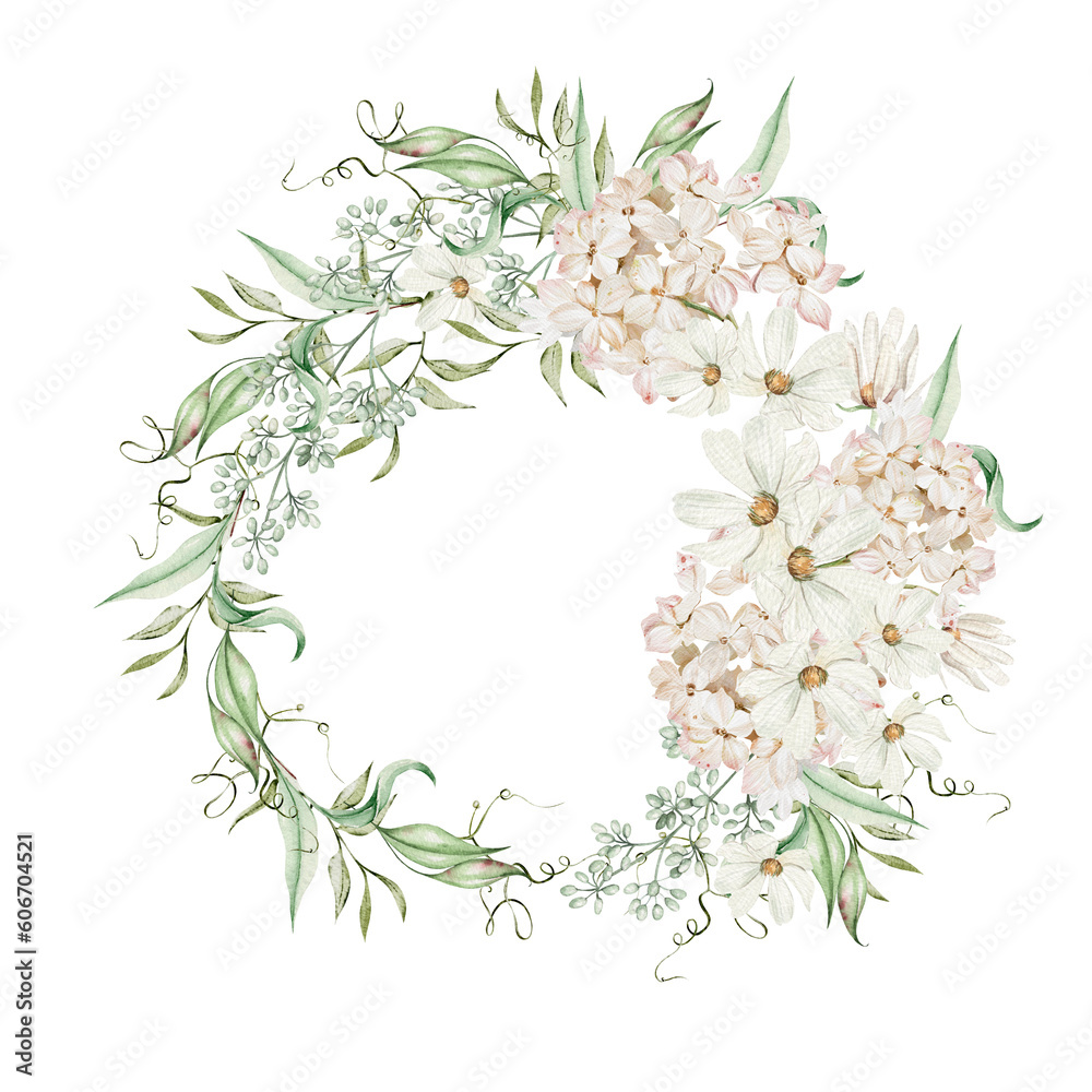 Watercolor wreath with hydrangea flowers and chamomile, green leaves.