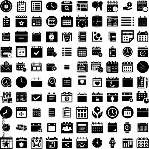 Collection Of 100 Schedule Icons Set Isolated Solid Silhouette Icons Including Time, Schedule, Calendar, Business, Date, Plan, Icon Infographic Elements Vector Illustration Logo