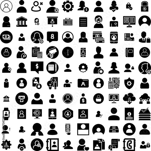Collection Of 100 Account Icons Set Isolated Solid Silhouette Icons Including Vector, Business, Technology, Background, People, Account, Internet Infographic Elements Vector Illustration Logo