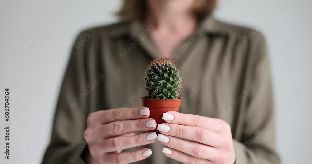Woman shows cactus with sharp thorns as danger warning standing in light studio. Green decorative plant with spines grows in small brown pot slow motion