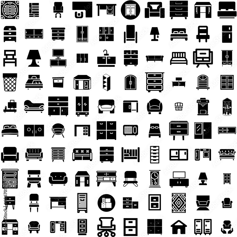 Collection Of 100 Furniture Icons Set Isolated Solid Silhouette Icons Including Home, Room, Design, Interior, Furniture, Table, Living Infographic Elements Vector Illustration Logo
